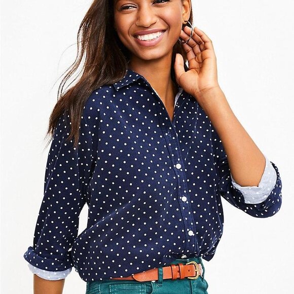 Lauren Ralph Lauren Navy & White Polka Dot Button-Up Blouse Size Large - Picture 1 of 10